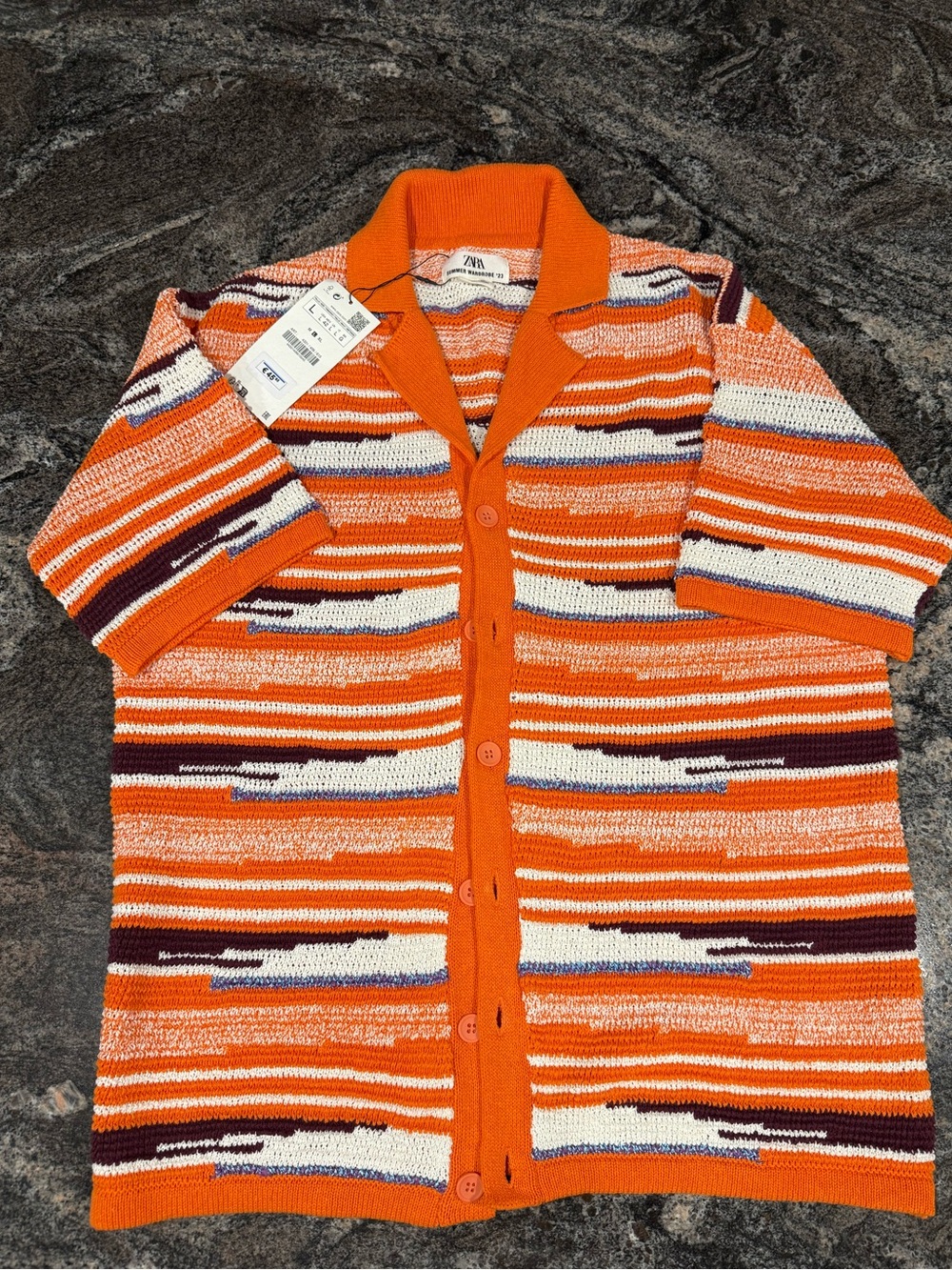 Zara Orange Multicolor Striped Short-Sleeve Knit Cardigan